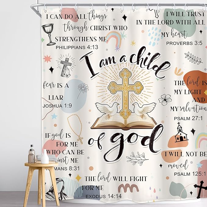 Homewelle Christian Bible Verse Shower Curtain Kids Boho Mid Century Inspirational Quotes Cross Abstract Motivational Positive Scripture 60Wx72H Inch Waterproof Polyester Fabric Bathroom Bathtub