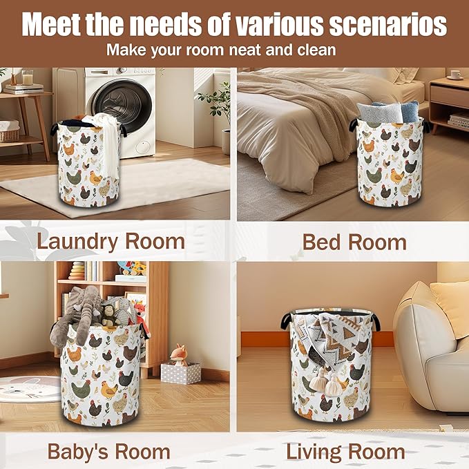 Cute Roosters Laundry Basket,Chicken Hens Plants Collapsible Laundry Hamper Waterproof Oxford Cloth With Handles,Clothes Storage Bucket Toy Organizer For Bathroom/Nursery/Bedroom 16" x 20.8"