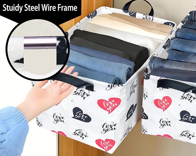 Large Valentine's Day Basket Heart Shaped Storage Bin for Gifts Collapsible Organizer Room Decor (Red Black Love You)