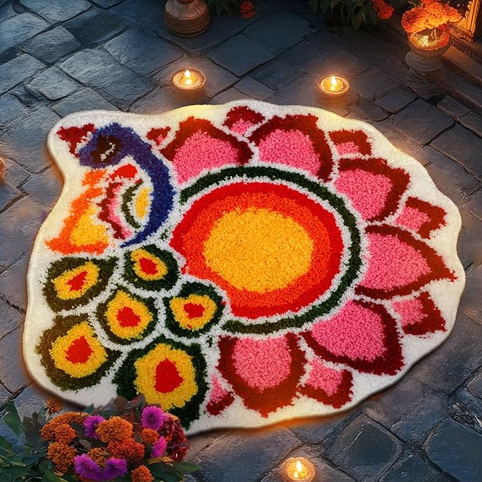 20 Inch Diwali Rangoli Mat Decorations Indian Diwali Door Mat for Home Peacock and Petals Decoration Non Slip Washable Rug for Indian Traditional Pooja New Year Entrance Gift