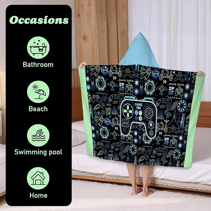 Hooded Towels for Kids Game 60" x 35" Toddler Bath Beach Towel Poncho with Hood Super Soft and Absorbent 100% Microfiber for Boys Ages 5-12