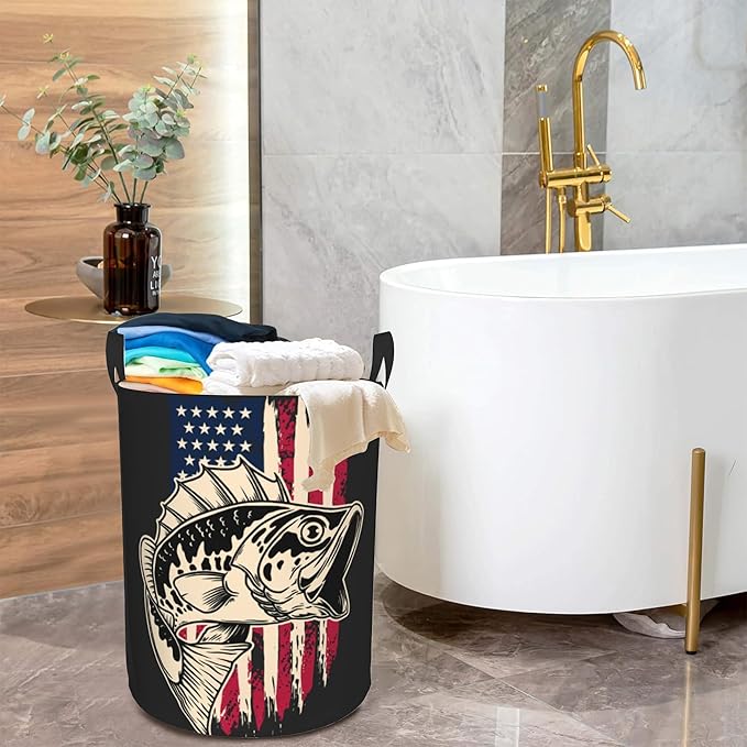 Laundry Basket,American Flag Bass Fish Laundry Hamper Bass Fishing Collapsible Organizer Basket,Toy Storage Bin Room Decor Gift Clothes Baskets,Bedroom Children Nursery Hamper 16x20 Inch