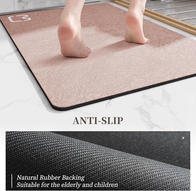 2 Piece Bathroom Rugs Mat Set - Quick Dry Diatomaceous Earth Bath Mat for Bathroom Non-Slip Bath Rug with Rubber Backing, Absorbent Bath Mat Thin Bath Floor Mat, 15.7x23.6+15.7x47.2 Inch, Blush Pink