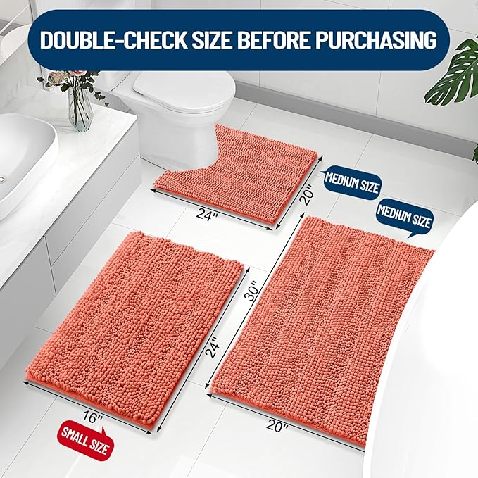 Grandaily Chenille Striped Bathroom Rugs 30x20, Extra Thick and Absorbent Bath Mats, Non-Slip Soft Plush Shaggy Shower Carpet, Machine Wash Dry, Bath Rug for Bathroom, (Medium, Coral)