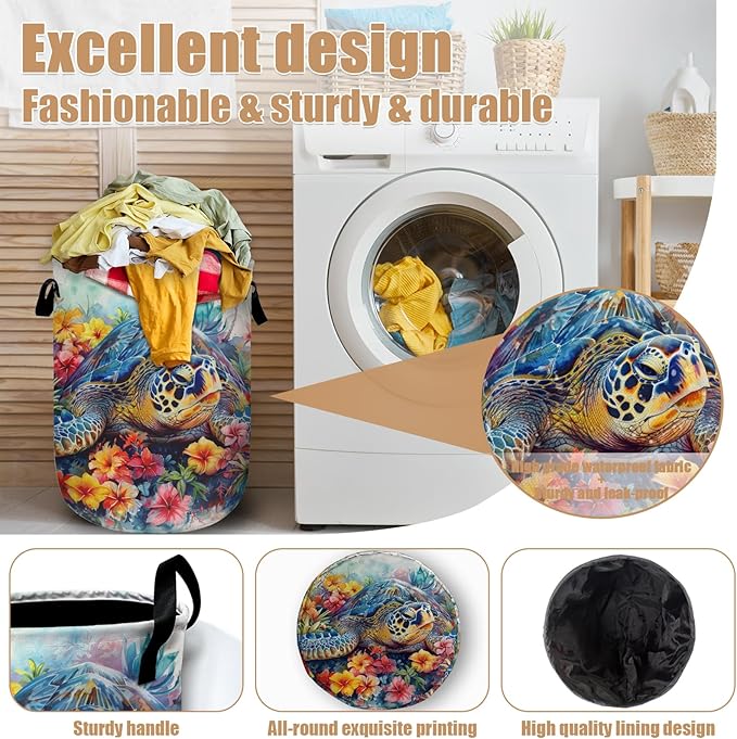 Sea Turtle Laundry Basket, Foldable Colorful Floral Laundry Hamper Tote Bag Dirty Clothes Storage Bucket Toy Organizer for Bathroom/Laundry/Bedroom 15.7"x19.6"