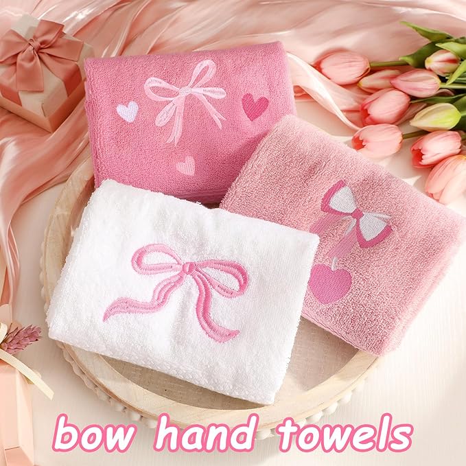 3 Pcs Bow Heart Hand Towels for Bathroom Embroidered Bathroom Towels Farmhouse Decorative 13.78 x 29.53 Inch Absorbent Soft Cotton for Kitchen Dish Fast Drying Decor