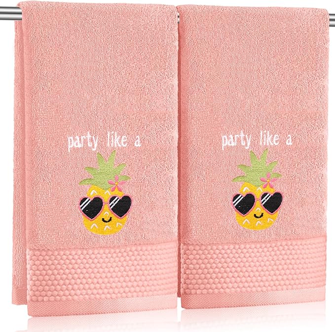 2 Pcs Party Like a Pineapple Hand Towels Coral Bathroom Decor 14x29 Inch Embroidered 100% Cotton Soft Absorbent Spring Summer Decorative Hand Towels for Bathroom Kitchen