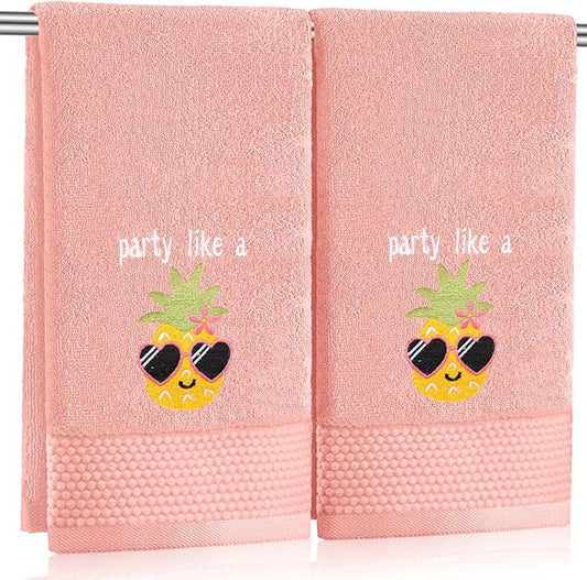 2 Pcs Party Like a Pineapple Hand Towels Coral Bathroom Decor 14x29 Inch Embroidered 100% Cotton Soft Absorbent Spring Summer Decorative Hand Towels for Bathroom Kitchen