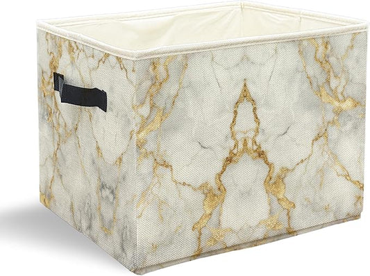 White Gold Marble Storage Bins with Handles, Modern Room Decor, Abstract White Marble Texture Collapsible Laundry Basket Storage Box for Home Bedroom Bathroom Clothes Toys Books