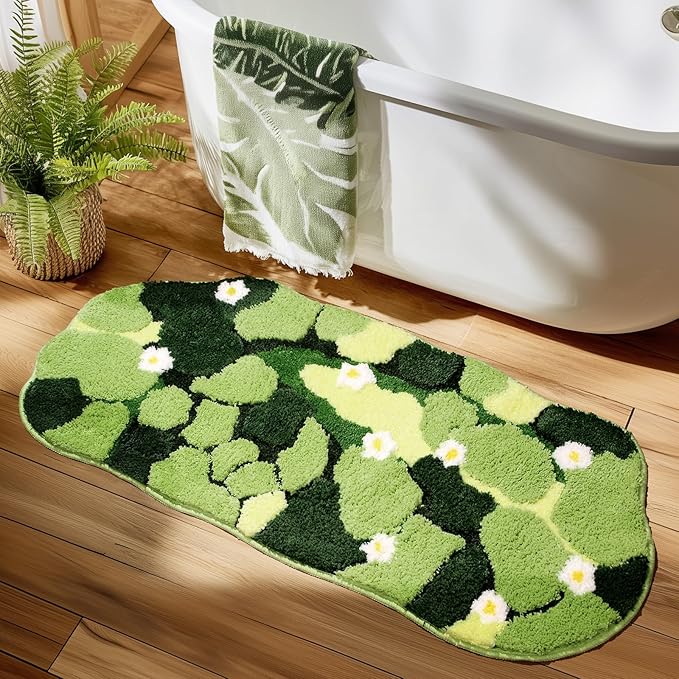 Green Long Bathroom Rug - Moss Bathroom Runner Rug Absorbent & Non Slip Plush Bath Mat, Decorative Washable Soft Green Runner Rug for Bath, Tub, Sink, Bedroom