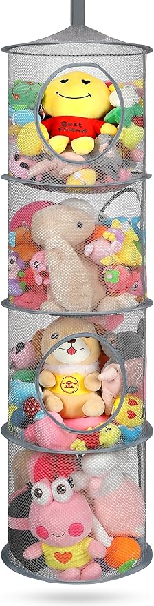 Stuffed Animal Storage Foldable Stuffed Animal Net or Hammock Organizer, 4 Compartments Hanging Mesh Toy Storage Organizer for Kid Room Toys, Gloves, Hats, Socks（Gray）
