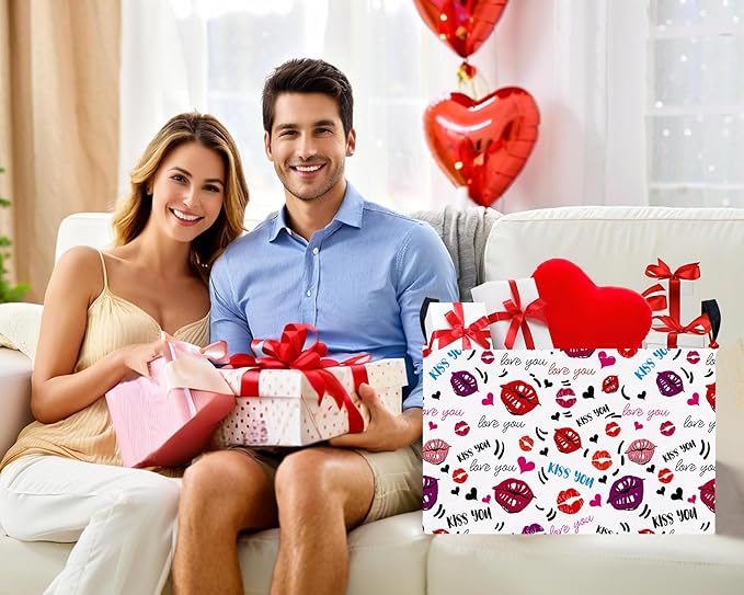 Large Valentine's Day Basket Heart Shaped Storage Bin for Gifts Collapsible Organizer Room Decor (Mouth Black Love)