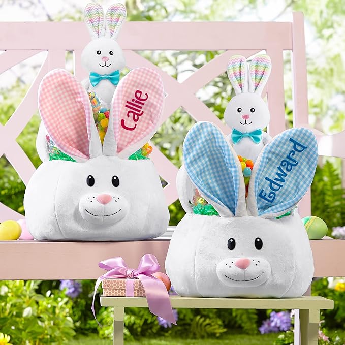 Let's Make Memories Personalized Easter Basket for Kids - Custom - For Boys and Girls - Fillable - With Optional Easter Basket Stuffers - Plush Bunny with Pink Gingham Ears