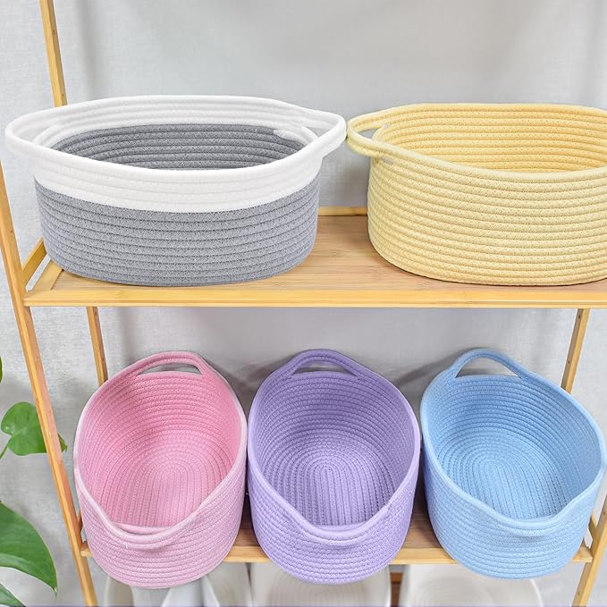 ABenkle Small Basket, 12"x 8" x 5" Cute Small Woven Basket, Rope Room Shelf Storage Basket, Cat Dog Toys Basket Chest Box, Decorative Empty Gift Basket with Handles - Grey