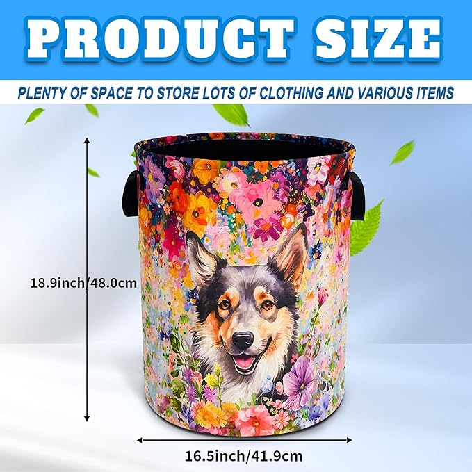 Dog Laundry Basket Oxford Cloth Pet Flowers Laundry Hamper With Handle Foldable Portable Clothes Storage Basket 18.9 X 16.5 In Storage Bag For Laundry Room/Bathroom/Bedroom/Dormitories
