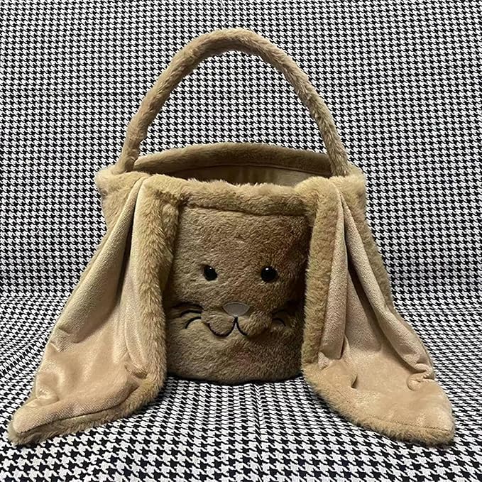 Plush Easter Bunny Basket Bags for Kids, Rabbit Bucket Tote with Long Fluffy Ears, Cute Egg Hunts Party Storage Candy Gifts Carry Bucket Decorations (Brown)