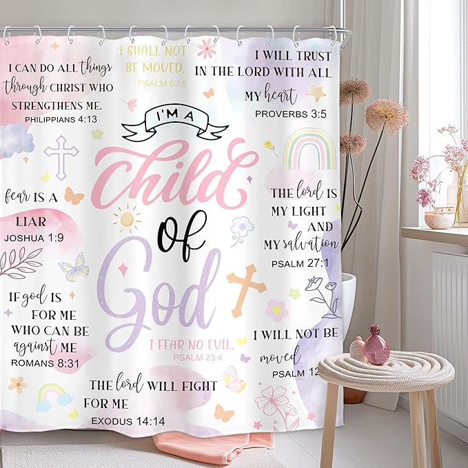 Homewelle Pink Purple Abstract Bible Verses Shower Curtain Scripture Christian Boho Mid Century Inspirational Quote 60Wx72H Inch Minimalist Geometric Plant Waterproof Polyester Fabric Bathroom Bathtub