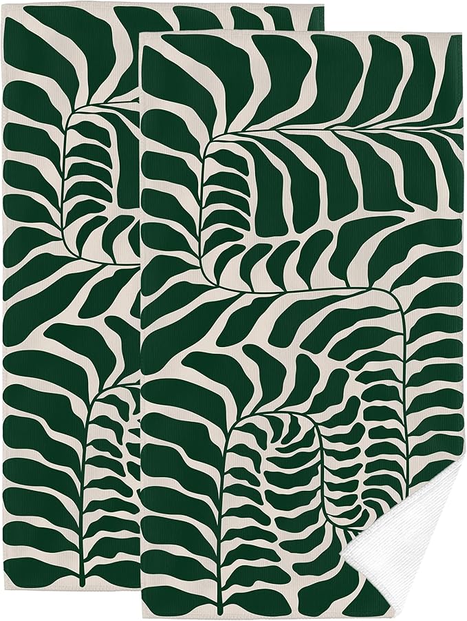 Green Leaves Decorative Hand Towels for Bathroom Set of 2 Soft Absorbent Vintage Botanical Bath Towels for Bathroom Spa Yoga Gym Sport Home Farmhouse Kitchen Decor 14"x28"