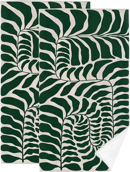 Green Leaves Decorative Hand Towels for Bathroom Set of 2 Soft Absorbent Vintage Botanical Bath Towels for Bathroom Spa Yoga Gym Sport Home Farmhouse Kitchen Decor 14"x28"