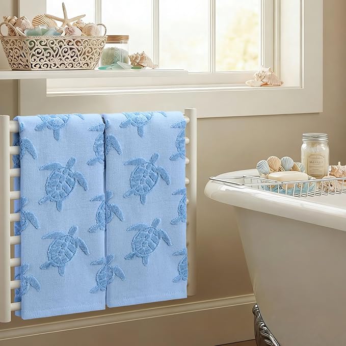 2 Pcs Sea Turtle Hand Towels for Bathroom 100% Cotton Jacquard Weave Hand Towels Ocean Blue Soft Absorbent for Spring Summer Kitchen Bathroom Home Decor, 29.5 x 13.8 Inch