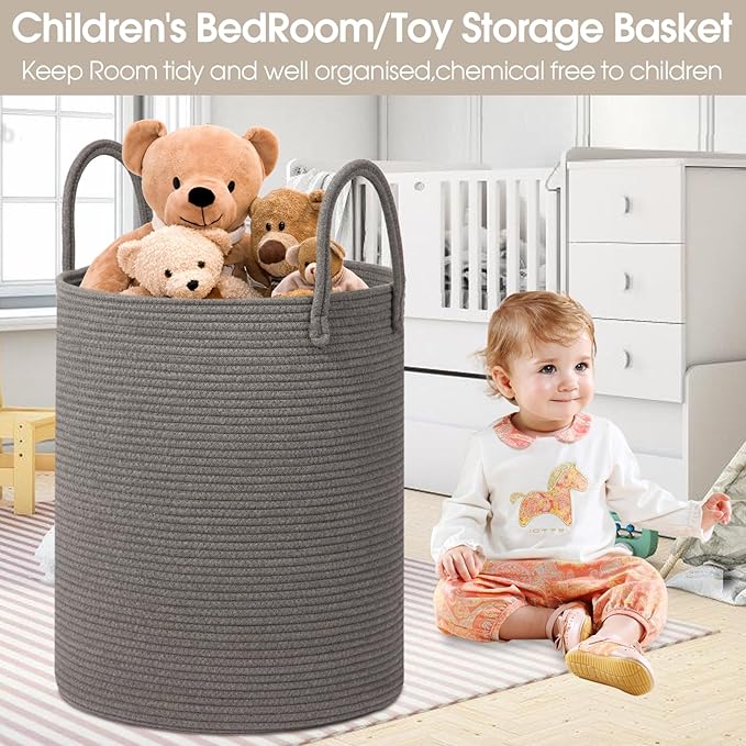 Large Woven Laundry Basket Hamper,60L Cotton Rope Storage Basket for Blankets in living room,Decorative Tall Nursery Hamper for Toys and Clothes,Baby Basket,Dark Grey