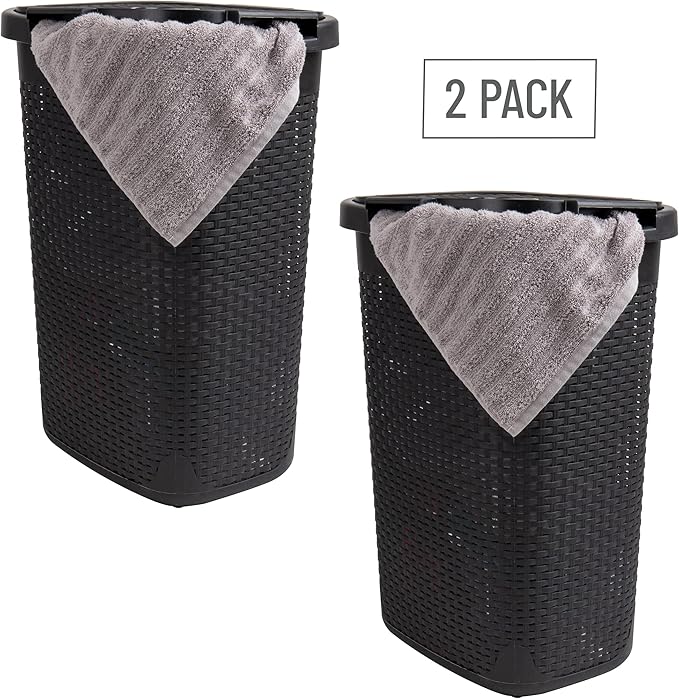 Mind Reader Slim Laundry Hamper with Lid, 60L Clothes Baskets, Premium Wicker Design, Plastic, 2-Pack, Black