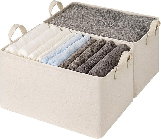 StorageWorks Storage Bins, Shelves Baskets for Organizing, 45L Extra Large Fabric Closet Organizers with Handles, Metal Frame, Beige-Cotton-linen, 2-Pack
