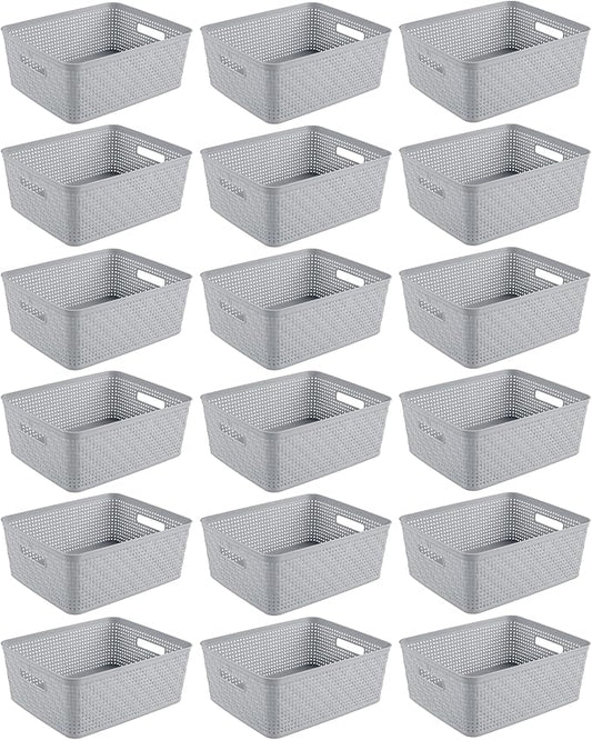 Sterilite 18 Pack Plastic Storage Bin Organization Containers, Short Baskets, Cement