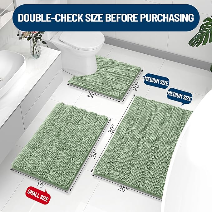 Grandaily Chenille Striped Bathroom Rugs 30x20, Extra Thick and Absorbent Bath Mats, Non-Slip Soft Plush Shaggy Shower Carpet, Machine Wash Dry, Bath Rug for Bathroom, (Medium, Grayish Green)