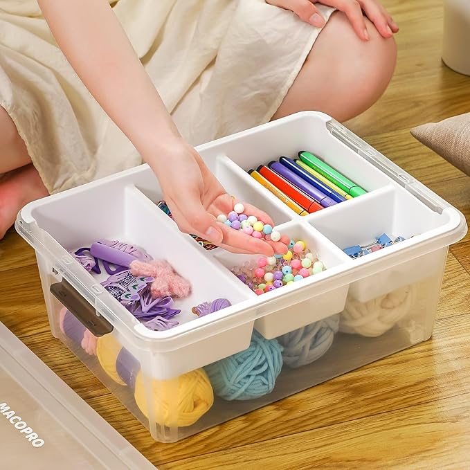 Plastic Storage Box with Removable Tray Craft Organizers and Storage Clear Storage Container for Organizing Bead, Tool, Sewing, Playdoh (White, 2Pack-17QT)