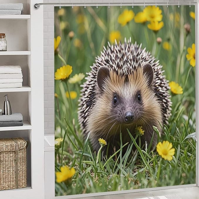 4 Piece Bathroom Rug Set with Shower Curtain, Non-Slip Bath Mat Toilet Cover Set, Hedgehog Bathroom Rug Sets