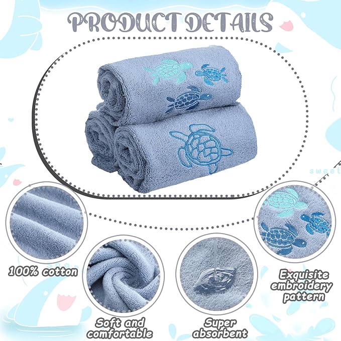 3 Pack Sea Turtle Coastal Hand Towels for Bathroom 100% Cotton Embroidered Beach Bathroom Towels 13.78 x 29.53 Inch Soft Absorbent Ocean Turtle Bath Towel Gift for Holiday Summer, Blue