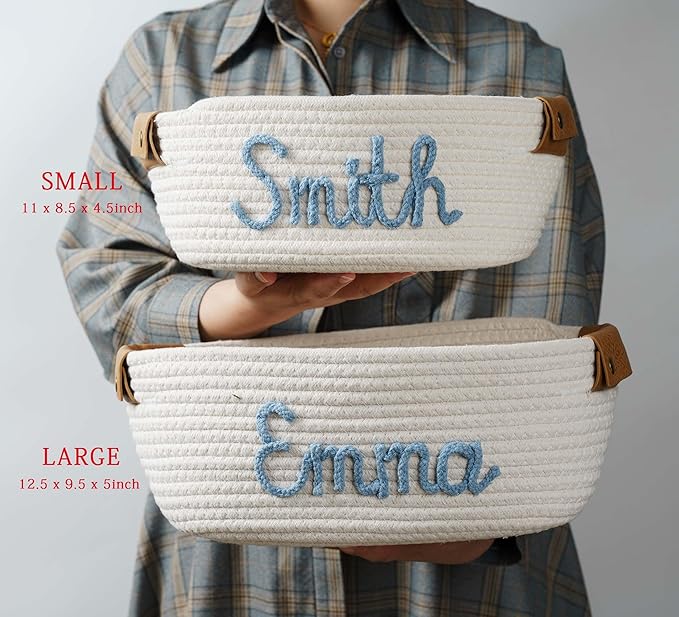 JUPPE Baptism and Newborn Baby Show Gift Basket with Personalized Name, Toys and Storage Organizer Custom Baby Shower Basket Gift Cotton Rope Basket Gift Nursery Decor Newborn Gifts (Style 1)