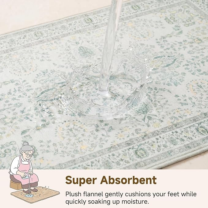 GRANNY SAYS Boho Bathroom Runner 47"x 18" Non-Slip,Quick Dry & Washable Vintage Bath Rug,Distressed Farmhouse Plush Velvet Bath Mat for Sink Shower and Bathtub, Vintage Green