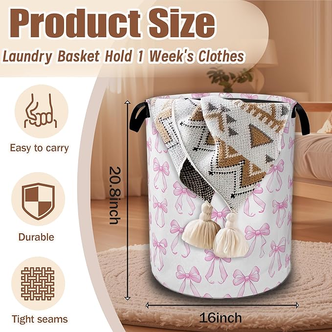 Pink Bow Laundry Hamper,Laundry Baskets,Waterproof Oxford Cloth Toy Storage for Bedroom,Bathroom,Nursery,16x20.8 Inch