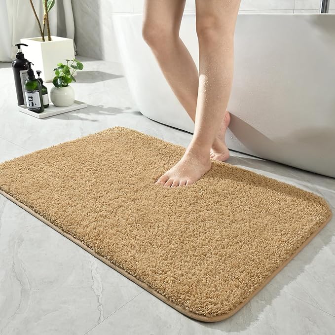 HOMORE Bathroom Rug Sets 2 Piece,Soft Absorbent Bath Mat Sets,Contour Toilet Mat U Shape 21x21 and 21x34 Bath Rugs, Plush Washable Non Slip Rug for Bathroom, Beige