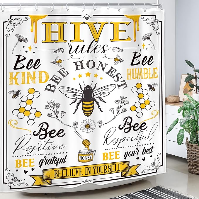 Homewelle Black Yellow Bee Quotes Shower Curtain Vintage Rustic Inspirational Motivational Words Retro Floral Flower Plant Honeycomb 72Wx72H Inch Farmhouse Waterproof Polyester Fabric Bathroom Bathtub