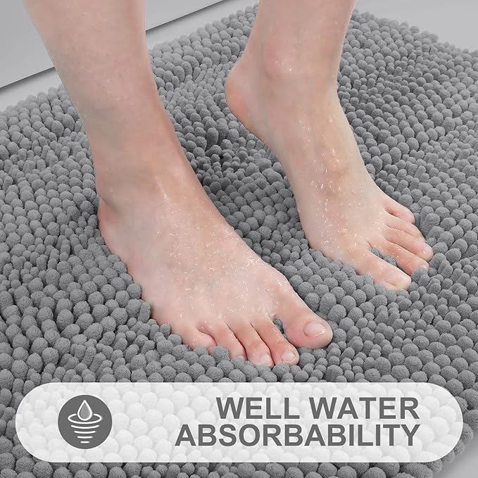 Grandaily Chenille Striped Bathroom Rugs 70x24, Extra Thick and Absorbent Bath Mats, Non-Slip Soft Plush Shaggy Shower Carpet, Machine Wash Dry, Bath Rug for Bathroom, Dark Gray
