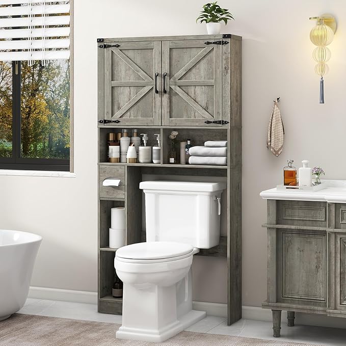 Vabches Over The Toilet Storage Cabinet, Farmhouse Storage Cabinet Over Toilet with 2 Barn Doors & Toilet Paper Holder Stand，Home Space-Saving Toilet Rack, for Laundry, Bathroom, Restroom.Grey Oak