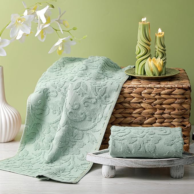 2 Pcs Quality Floral Jacquard Hand Towels Set for Bathroom Sage Green Hand Towels 100% Cotton Absorbent Decorative Weave Bath Decor Neutral Bathroom Decor Gift, 13.7 x 29.5 Inch