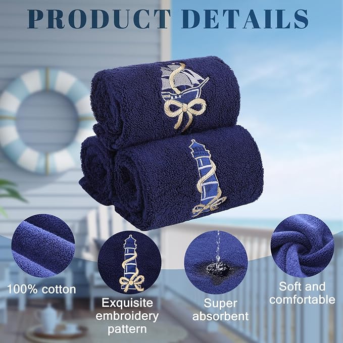 3 Pack Coastal Nautical Hand Towels for Bathroom 100% Cotton Embroidered Anchor Sailboat Lighthouse Beach Bathroom Towels 13.78 x 29.53 Inch Soft Absorbent, Navy Blue