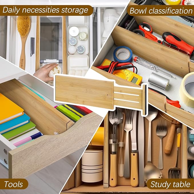 8 Pcs Deep Bamboo Drawer Dividers, Deep Kitchen Dresser Drawer Organizer with Spring Loaded for Clothes, Adjustable Expandable from 15-22 Inch (Wood Color,6 Inch)
