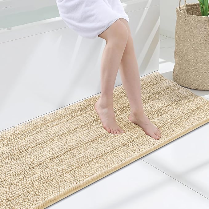 Grandaily Chenille Striped Bathroom Rugs 59x24, Extra Thick and Soft Absorbent Bath Mats, Rubber Backing, Plush Shaggy Shower Carpet, Machine Wash Dry, Bath Rug for Bathroom, Light Beige