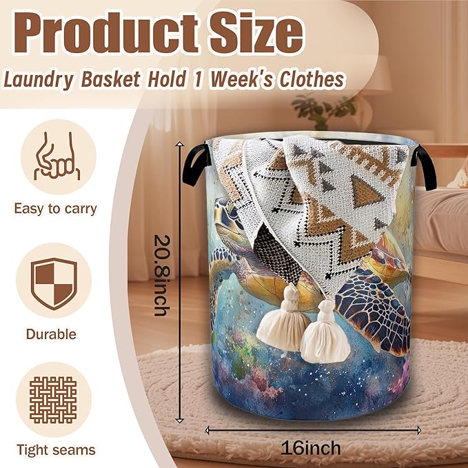 Watercolor Sea Turtle Laundry Baskets,Laundry Hamper,Storage Basket with Handles for Bathroom Bedroom College Dormitory Living Room Nursery Organizer 16"x20.8"