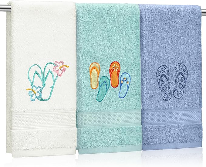 3 Pack Coastal Hand Towels for Bathroom 100% Cotton Embroidered Beach Bathroom Towels 13.78 x 29.53 Inch Soft Absorbent (Flip Flops)