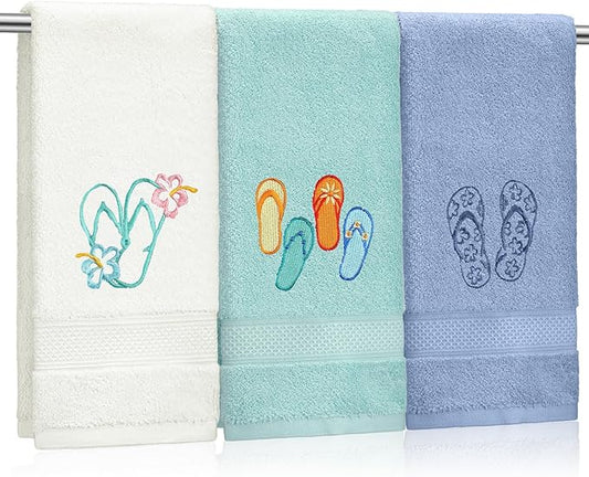 3 Pack Coastal Hand Towels for Bathroom 100% Cotton Embroidered Beach Bathroom Towels 13.78 x 29.53 Inch Soft Absorbent (Flip Flops)