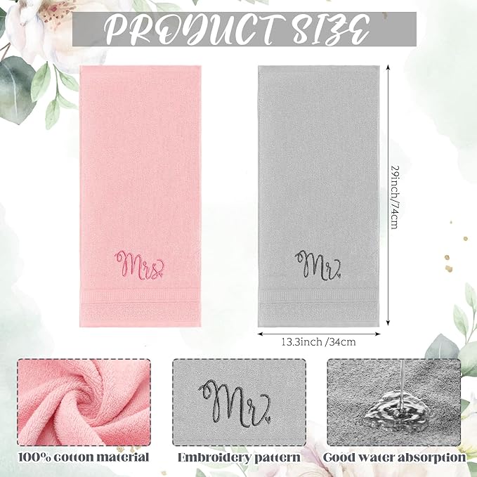 2 Pcs Mr. and Mrs. Hand Towels 100% Cotton Embroidered Bathroom Towel Wedding Mr. and Mrs. Gift for Valentine's Day Couple, Anniversary Bathroom Decor 29 x 13 Inch