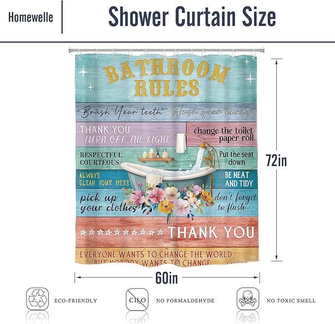 Homewelle Funny Bathroom Rules Shower Curtain Rustic Wooden Floral Farmhouse Inspirational Motivational Words Country Plank Cute 60Wx72H Inch Vintage Board Waterproof Polyester Fabric Bathroom Bathtub