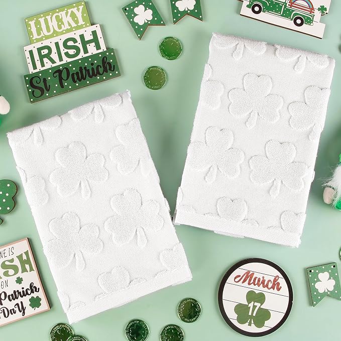 2 Pack St. Patrick's Day Hand Towels White Shamrock Clover Soft 100% Cotton Absorbent Decorative Bathroom Towels Set for Kitchen Bath Workout Hand Face Hair, 13.7'' x 29.5''