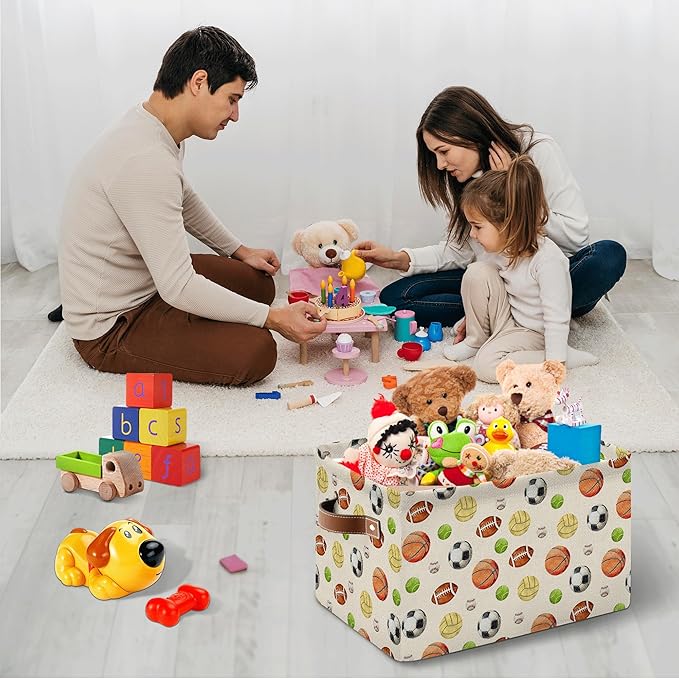 Sport Themed Storage Basket - Balls Pattern Collapsible Bin with Handles - Collapsible Storage Baskets with Handles - Ball Themed Storages Bin for Kids Clothes, Gifts